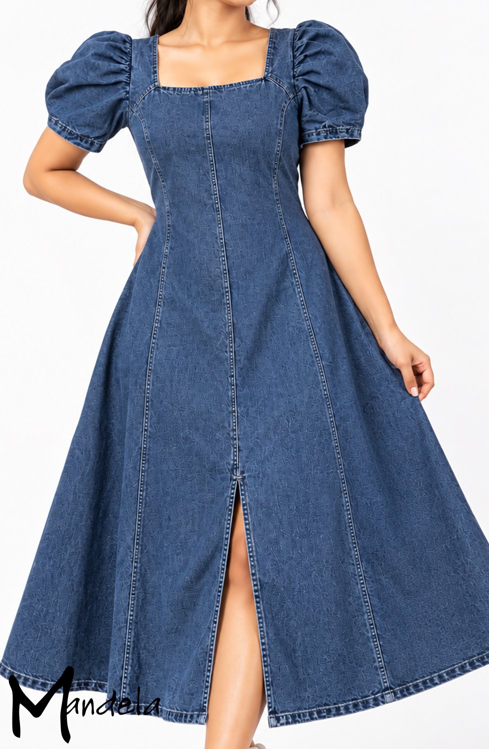 Acid Wash Puff Sleeve Denim Maxi Dress